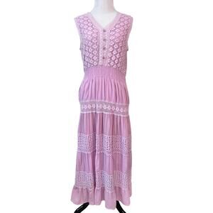 Crochet Tiered Cotton Maxi Dress Womens L Pink Purple Cottage Prairie Boho Flowy